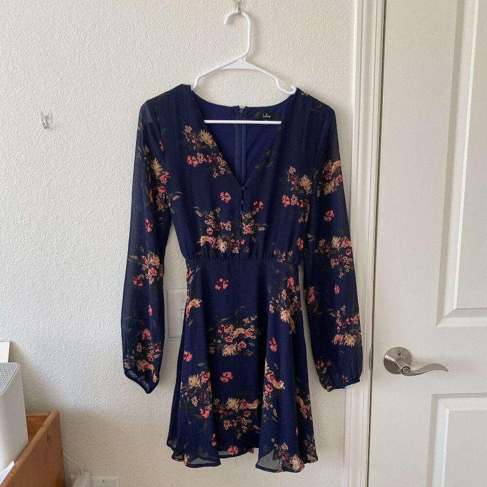 Lulus Always Yours Navy Blue Floral Print Long Sleeve Skater Dress